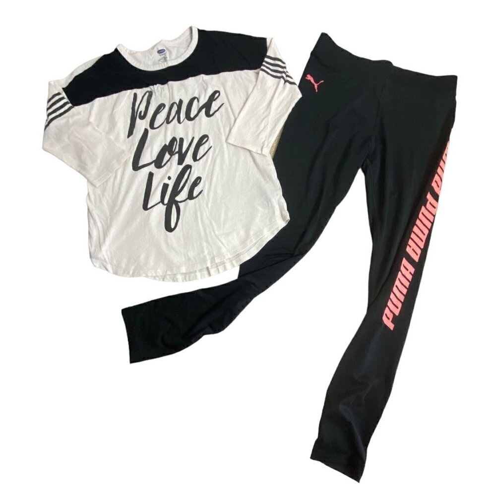 PUMA Youth Athletic Leggings Black w Pink Logo PLUS Old Navy Top GIRLS Sz 10/12